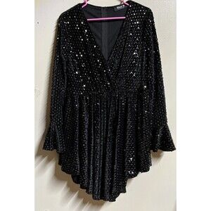 Blue B Collection Large Black Surplice Neck Fit & Flare Sequin Dress High Low